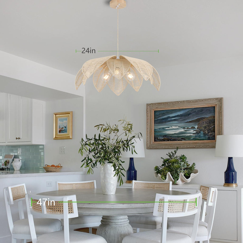 Farmhouse Chandeliers for Dining Room, 3-Light Rattan Boho Chandelier Light Fixture Hand Woven Wicker Pendant Light 24", Coastal Hanging Pendant Light for Kitchen Island Bedroom Living Room