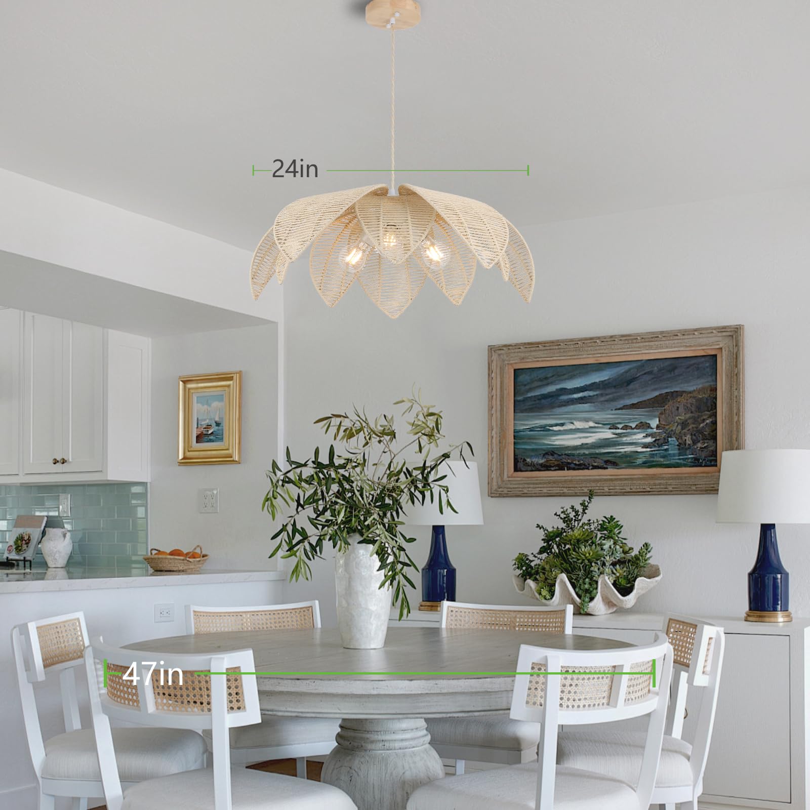 Farmhouse Chandeliers for Dining Room, 3-Light Rattan Boho Chandelier Light Fixture Hand Woven Wicker Pendant Light 24", Coastal Hanging Pendant Light for Kitchen Island Bedroom Living Room