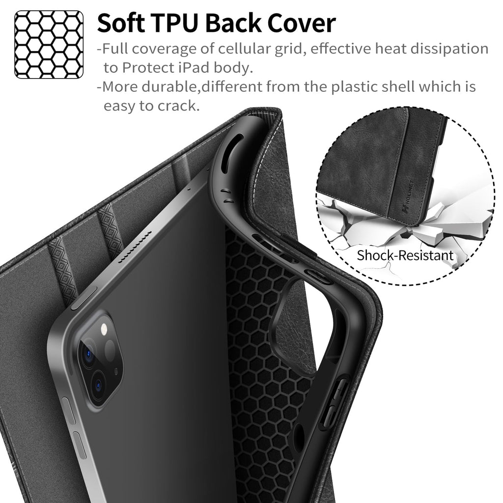 H HOLIMET Case for iPad Pro 12.9 2022 6th/5th/4th/3rd Generation with Pencil Holder Pocket Folio Stand Cover Soft TPU Back Shockproof, Auto Sleep/Wake,Vegan Leather