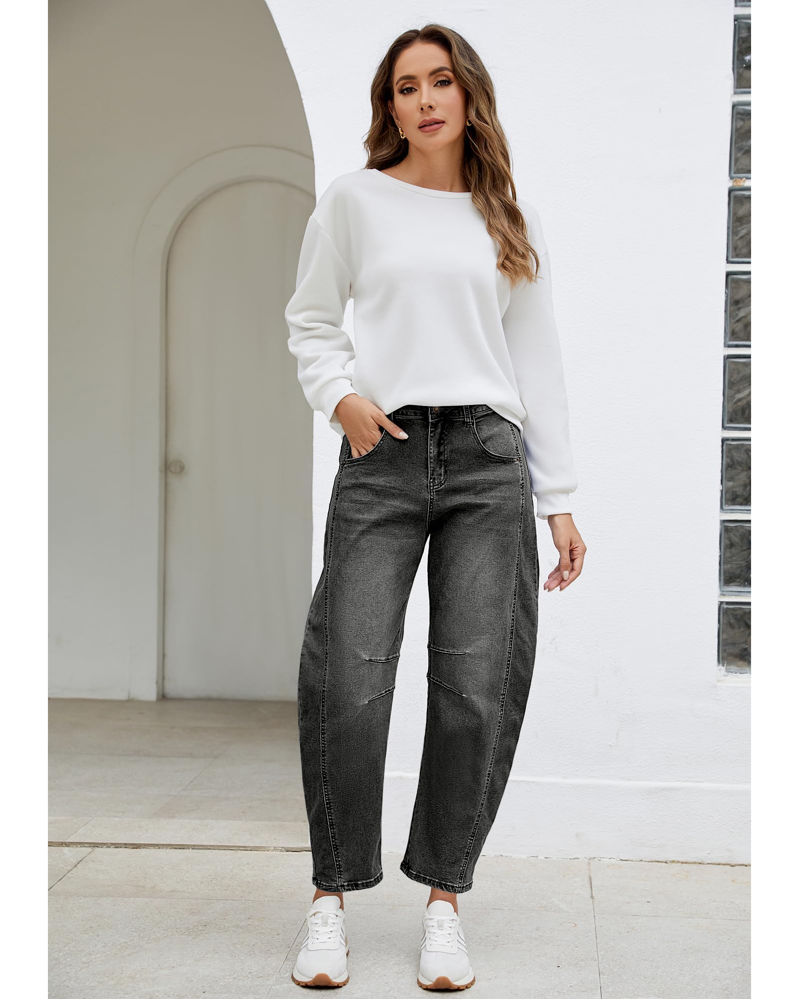 Utyful Barrel Jeans Women Cropped Baggy Trendy High Waisted Distressed Loose Stretch Denim Trouser Jeans with Pockets