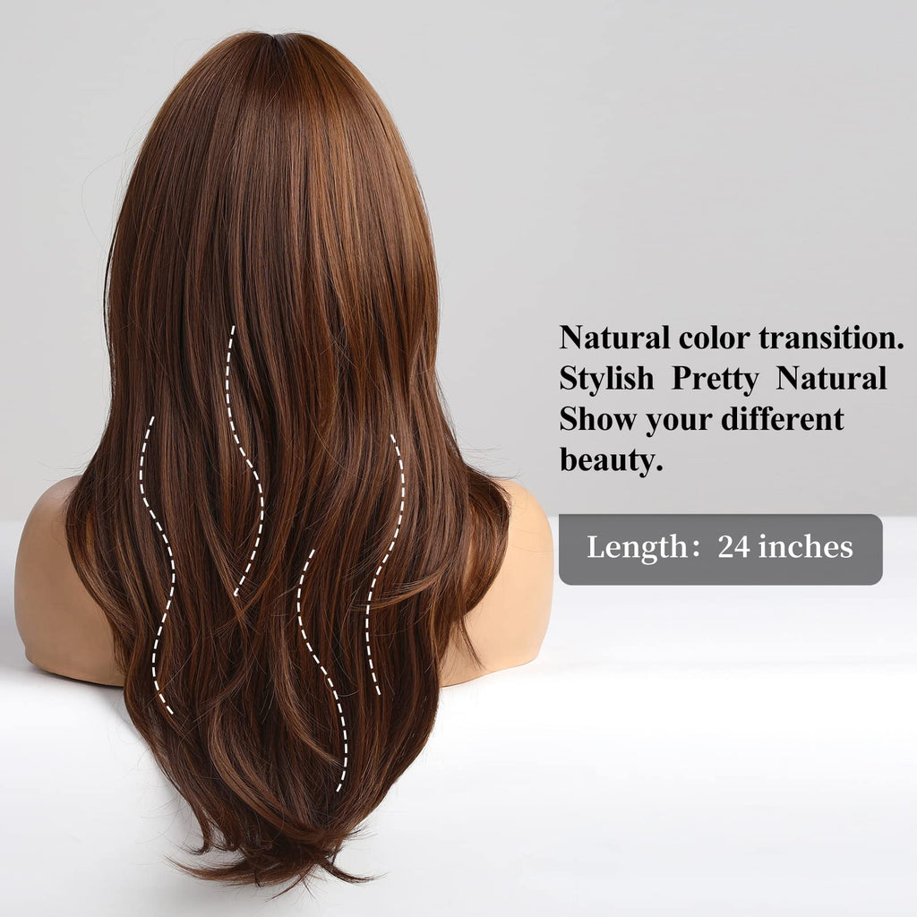 HAIRCUBE Auburn Wigs for Women,Long Layered Orange Wigs with Bangs Heat Resistant Synthetic Fibre Wigs(pelucas de cabello natural)