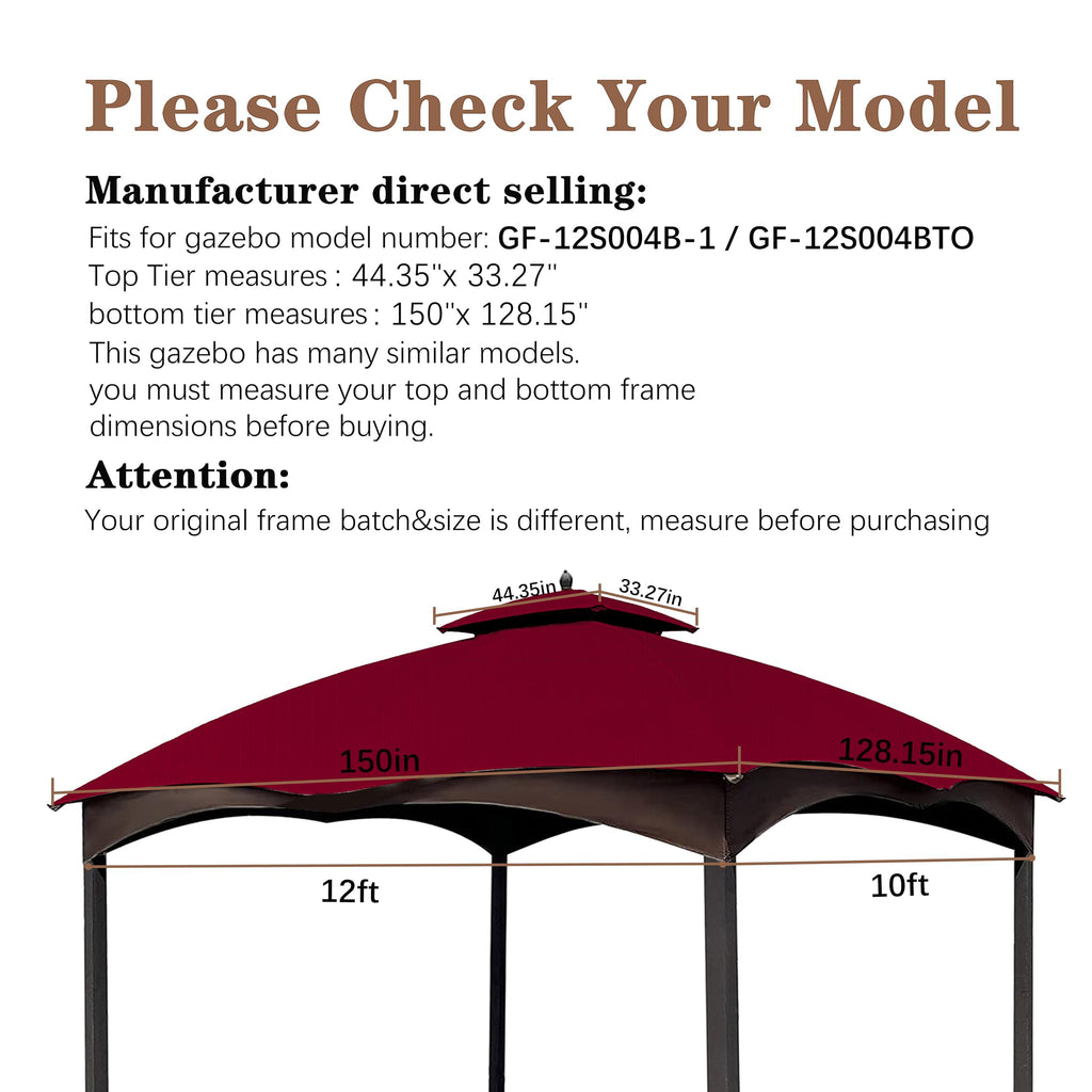 SCOCANOPY Replacement Top Compatible with The Lowe's Gazebo Model #GF-12S004B-1 / GF-12S004BTO (Grey Ripstop)