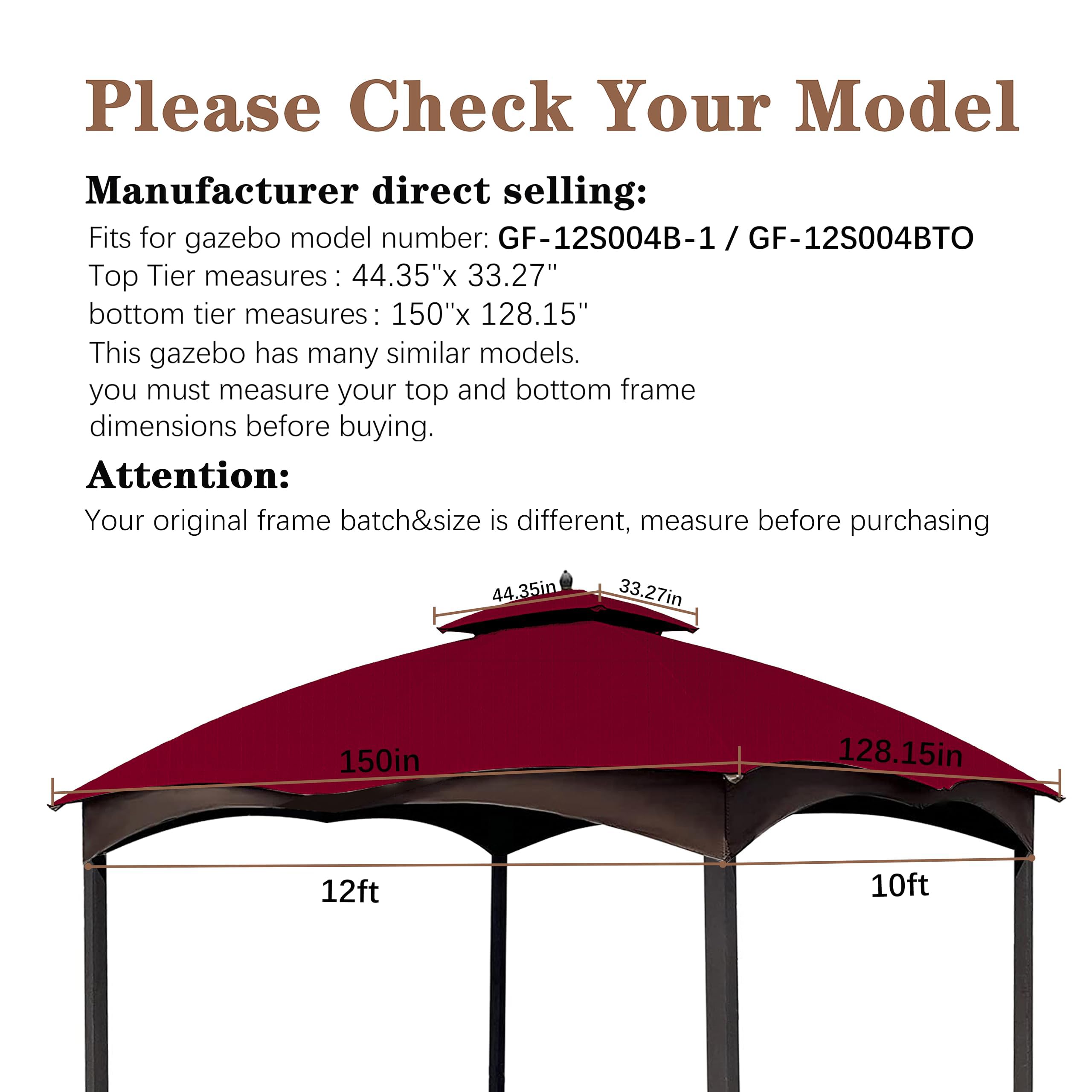 SCOCANOPY Replacement Top Compatible with The Lowe's Gazebo Model #GF-12S004B-1 / GF-12S004BTO (Grey Ripstop)