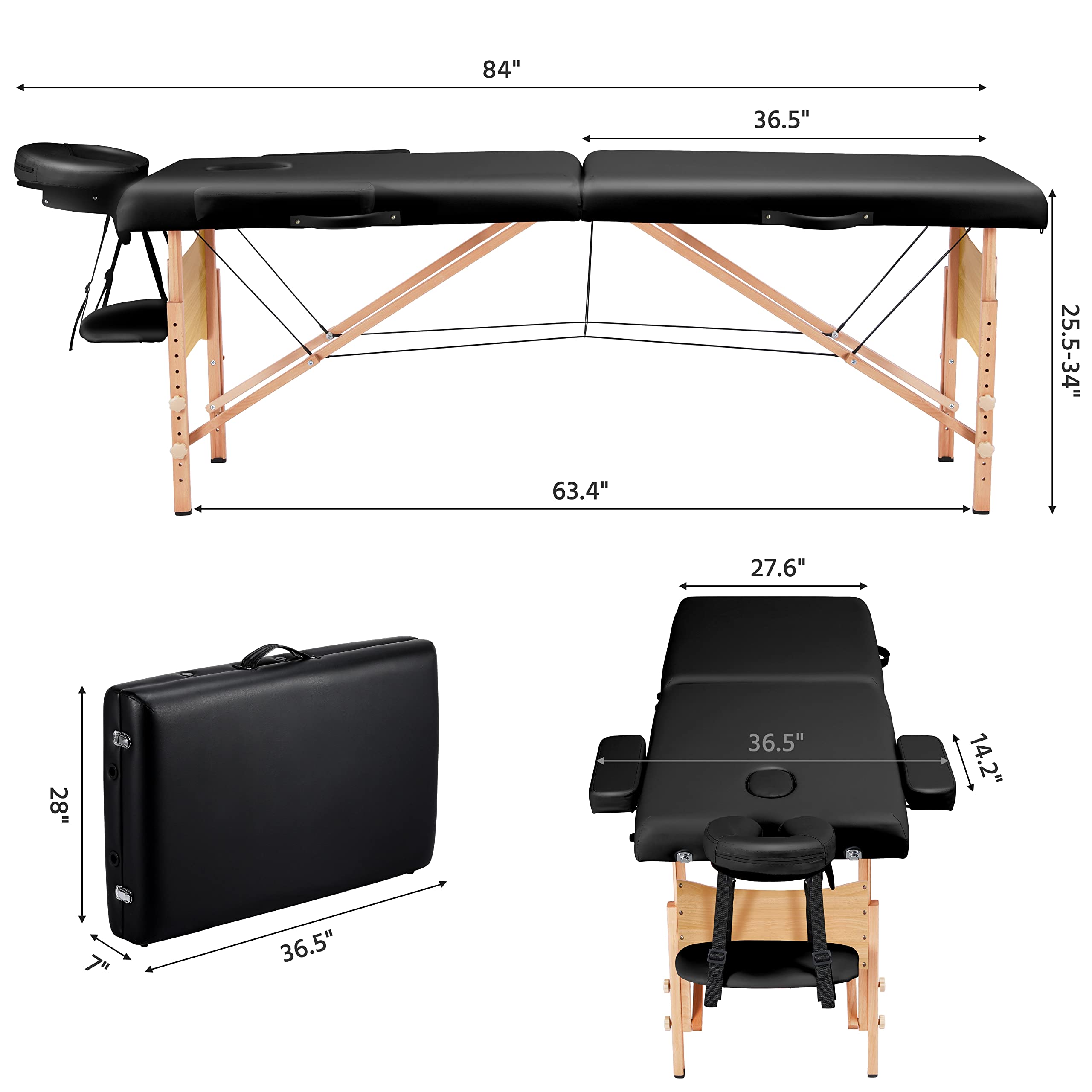 Yaheetech Massage Table Portable Lash Beds Spa Bed Massage Couch Foldable Spa Tables Adjustable 2 Fold with Non-Woven Bag 24 inch, Black