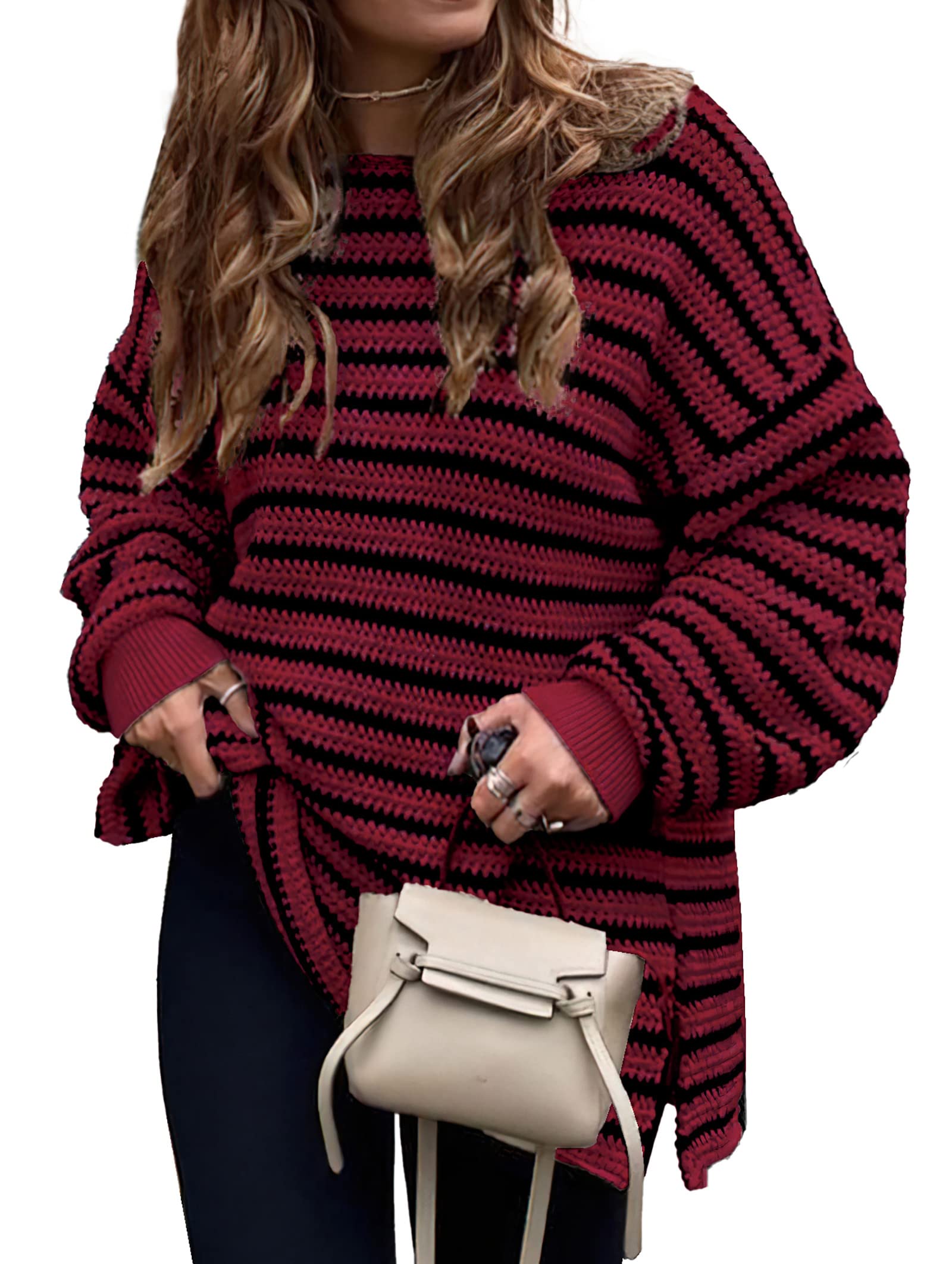 KIRUNDO Women's 2026 Fall Winter Oversized Long Sleeve Striped Sweater Casual Crewneck Side Split Pullover Knit Tops