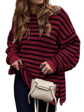 KIRUNDO Women's 2026 Fall Winter Oversized Long Sleeve Striped Sweater Casual Crewneck Side Split Pullover Knit Tops