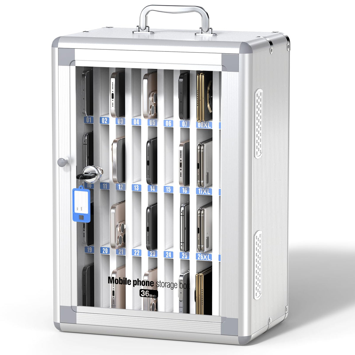 Glosen Cell Phone Locker 24 Slots, Portable Phone Storage Cabinet [Wall Mounted] [Silver 24 Slots-Universal Key ] Aluminum Alloy Cellphone Lock Box with Key & Handle for School Classroom Office Exam
