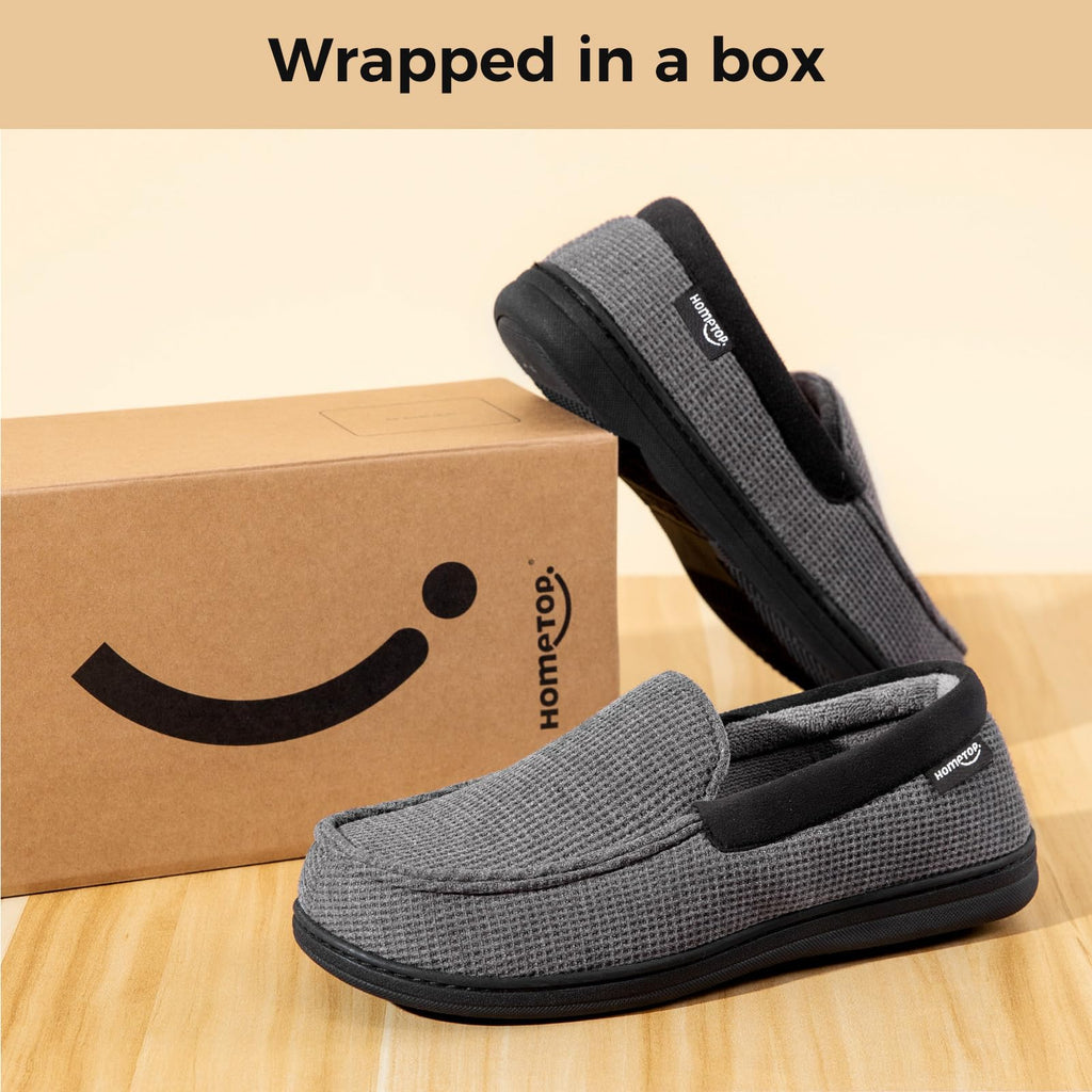HomeTop Men's Comfort Memory Foam Moccasin Slippers, Breathable Cotton Knit Terry Cloth House Shoes for Indoor Outdoor