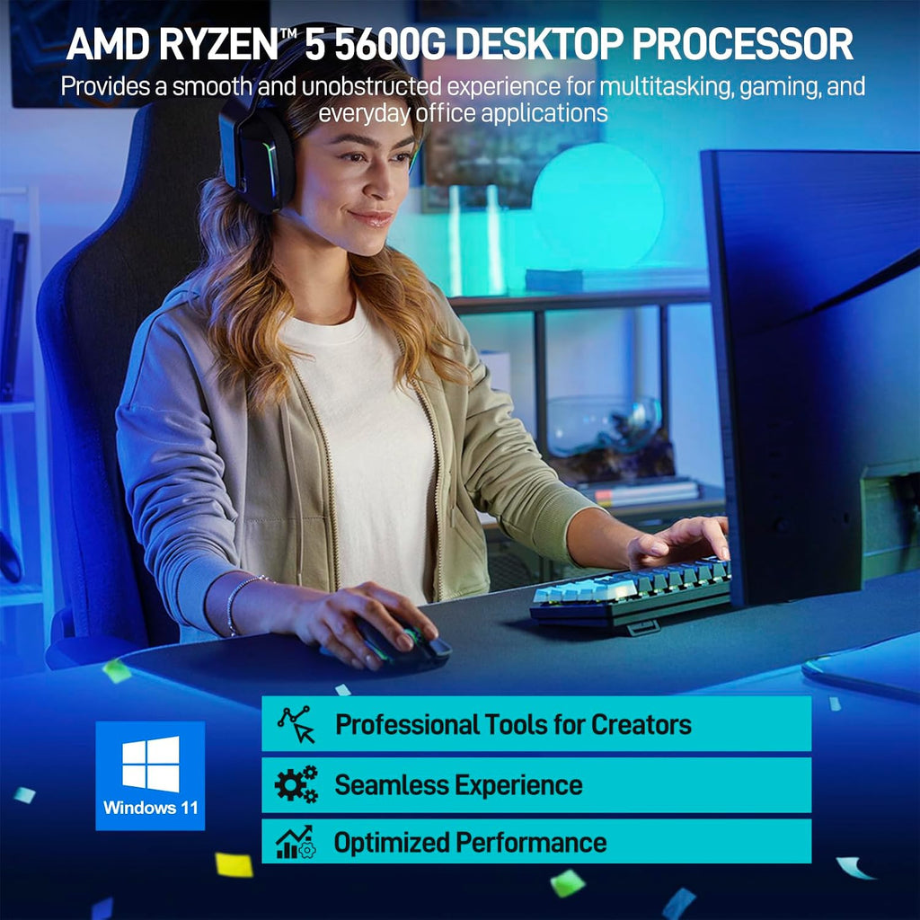 LXZ Desktop PC Computer AMD Ryzen 5 5600G 6 core 3.9GHz, 16G DDR4 RAM, 512G NVME SSD, Tower Computer for Gaming, Home and Office (White)