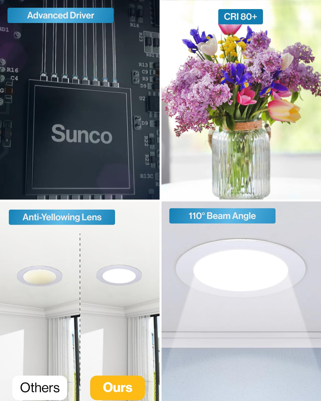 Sunco 100 Pack 4 Inch LED Recessed Lights, Canless Ceiling Light Slim, 650 LM, 10W, Selectable CCT 2700K/3000K/4000K/5000K/6000K, Dimmable, Wafer Thin, with Junction Box ETL.