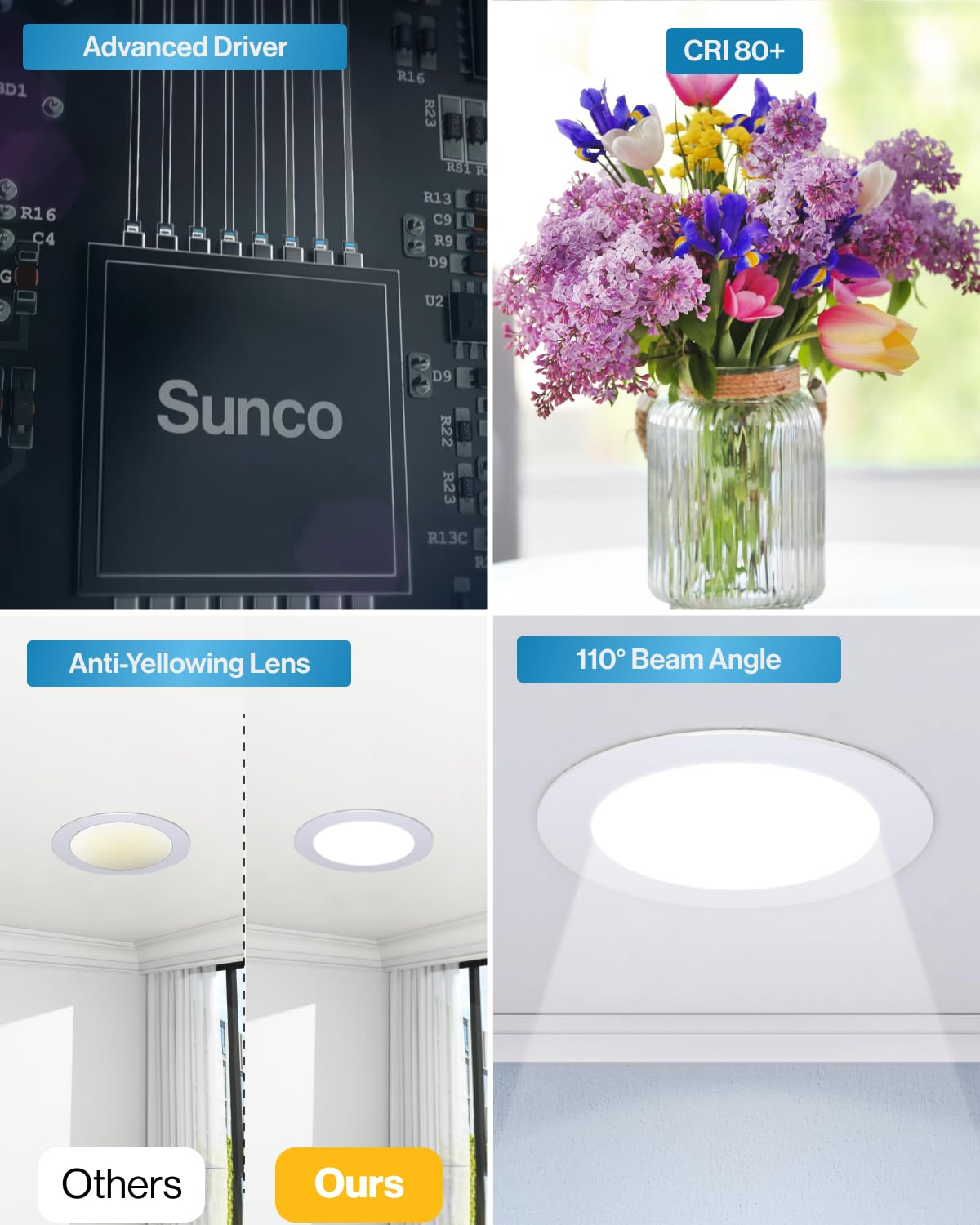 Sunco 100 Pack 4 Inch LED Recessed Lights, Canless Ceiling Light Slim, 650 LM, 10W, Selectable CCT 2700K/3000K/4000K/5000K/6000K, Dimmable, Wafer Thin, with Junction Box ETL.