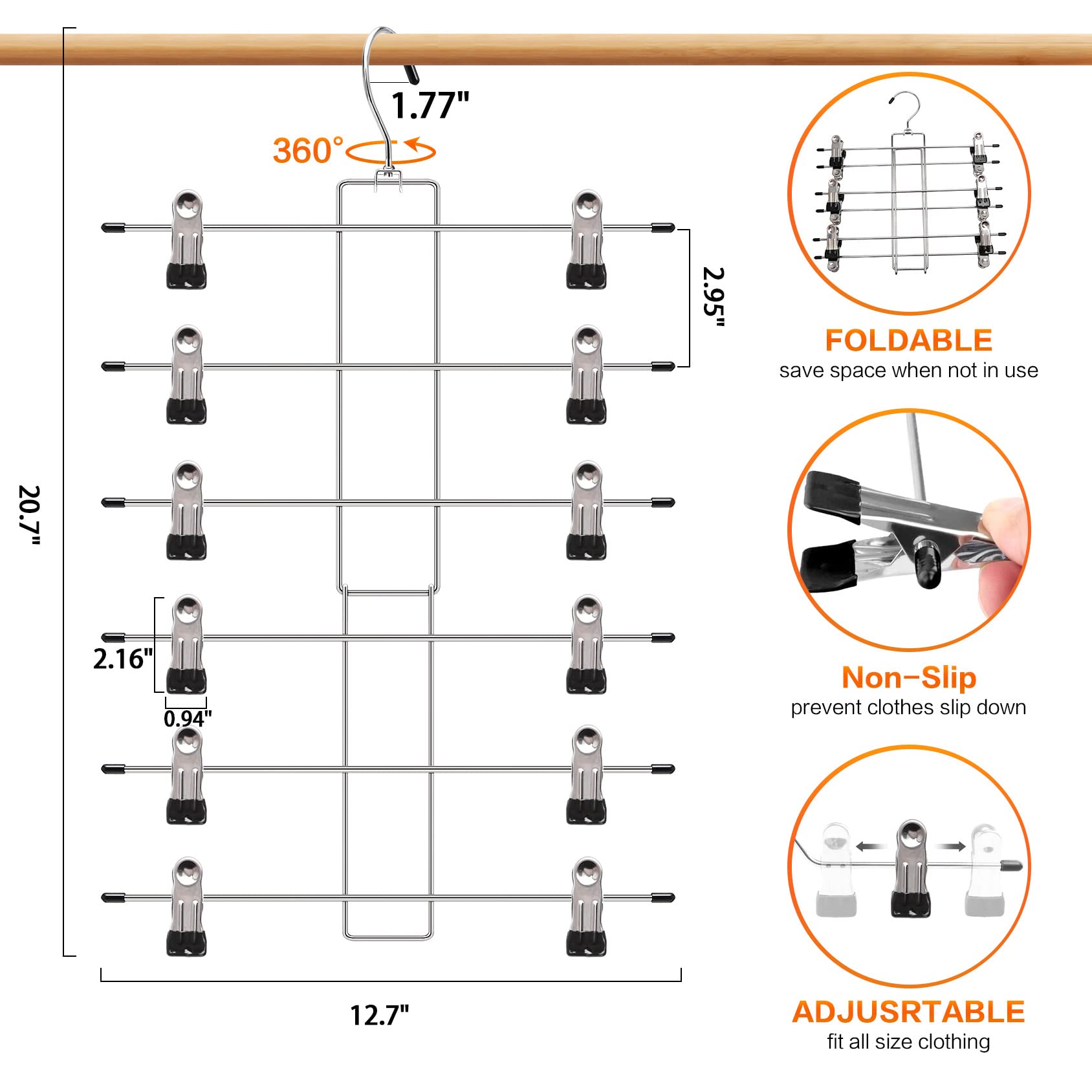 Closet Organizers and Storage, 6 Tier Storage and Organization Pants Hangers Space Saving, Metal Skirt Hangers with Adjustable Clip, 360° Swivel Hook, Dorm Room Essentials for College Students Girls