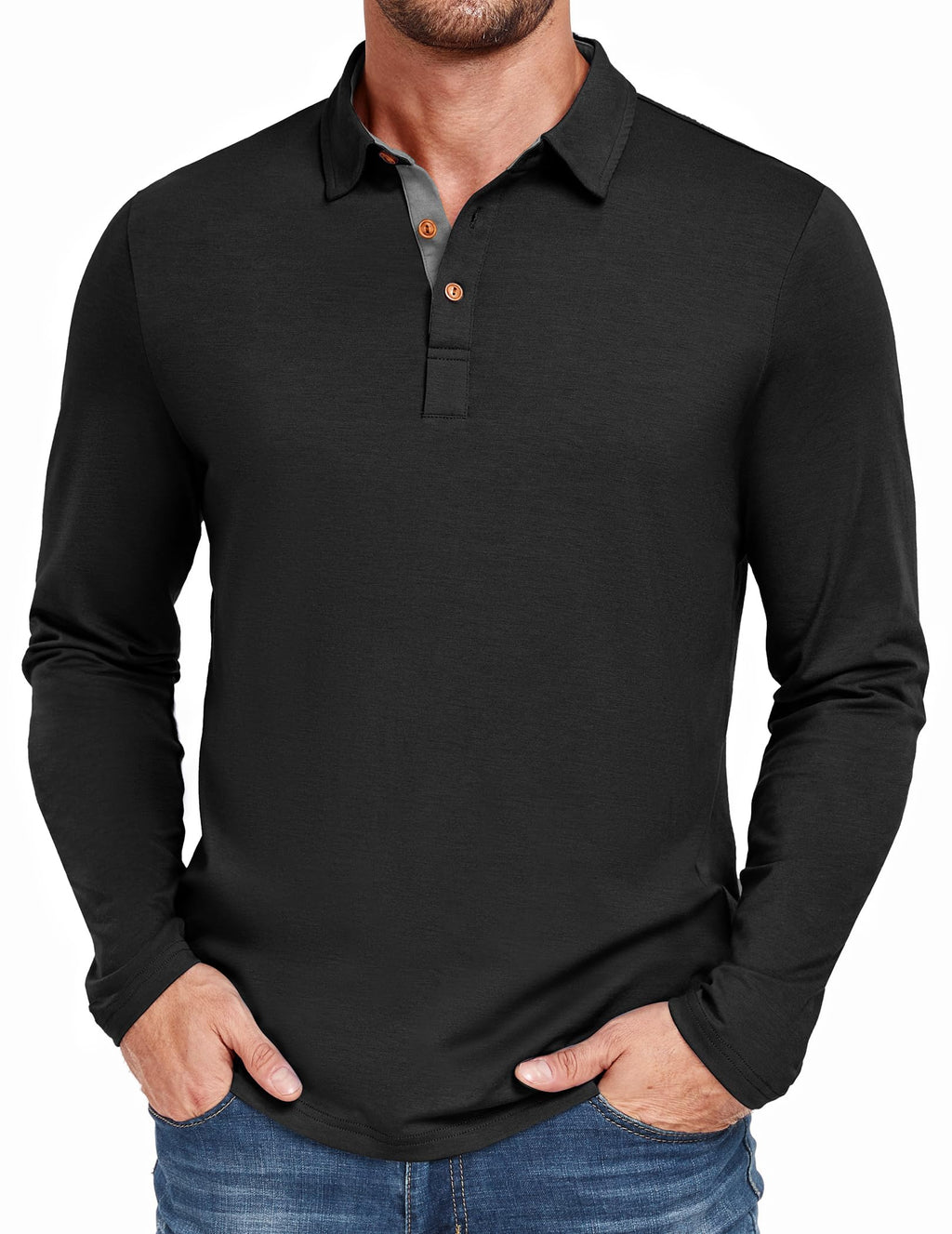 PEGENO Mens Polo Short/Long Sleeve Shirt Classic Button Basic Solid Color Designed Collared Polo Shirt Fashion Casual Shirts