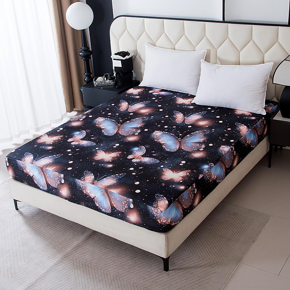 Bedding Fitted Sheet with Deep Pocket,3D Pattern Printed Fabric Bed Sheets (Black Butterfly,Twin)