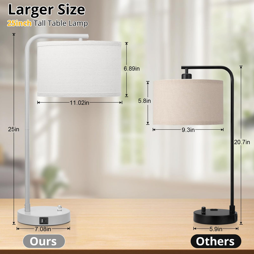 Table Lamps Set of 2, Fully Dimmable Bedside Lamp with USB C+A Charging Ports, Modern Nightstand Lamps with Linen Fabric Shades, Tall Desk Lamp for Bedroom, Living Room, Office, LED Bulb Included