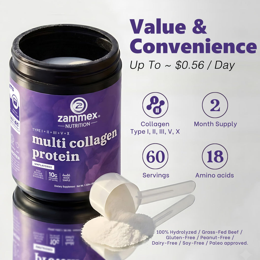 Zammex Multi Collagen Protein Powder, Type I & III & V & X, Hydrolyzed Collagen Peptides for Women & Men, Supports Hair and Skin, Gut Health, 41 Servings, Chocolate