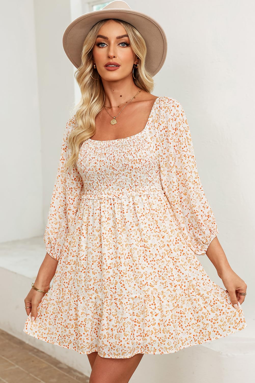 Dokotoo Fall Dresses for Women 2025 Boho Floral Square Neck Smocked 3/4 Sleeve Casual A-Line Swing Mini Dress Sundress