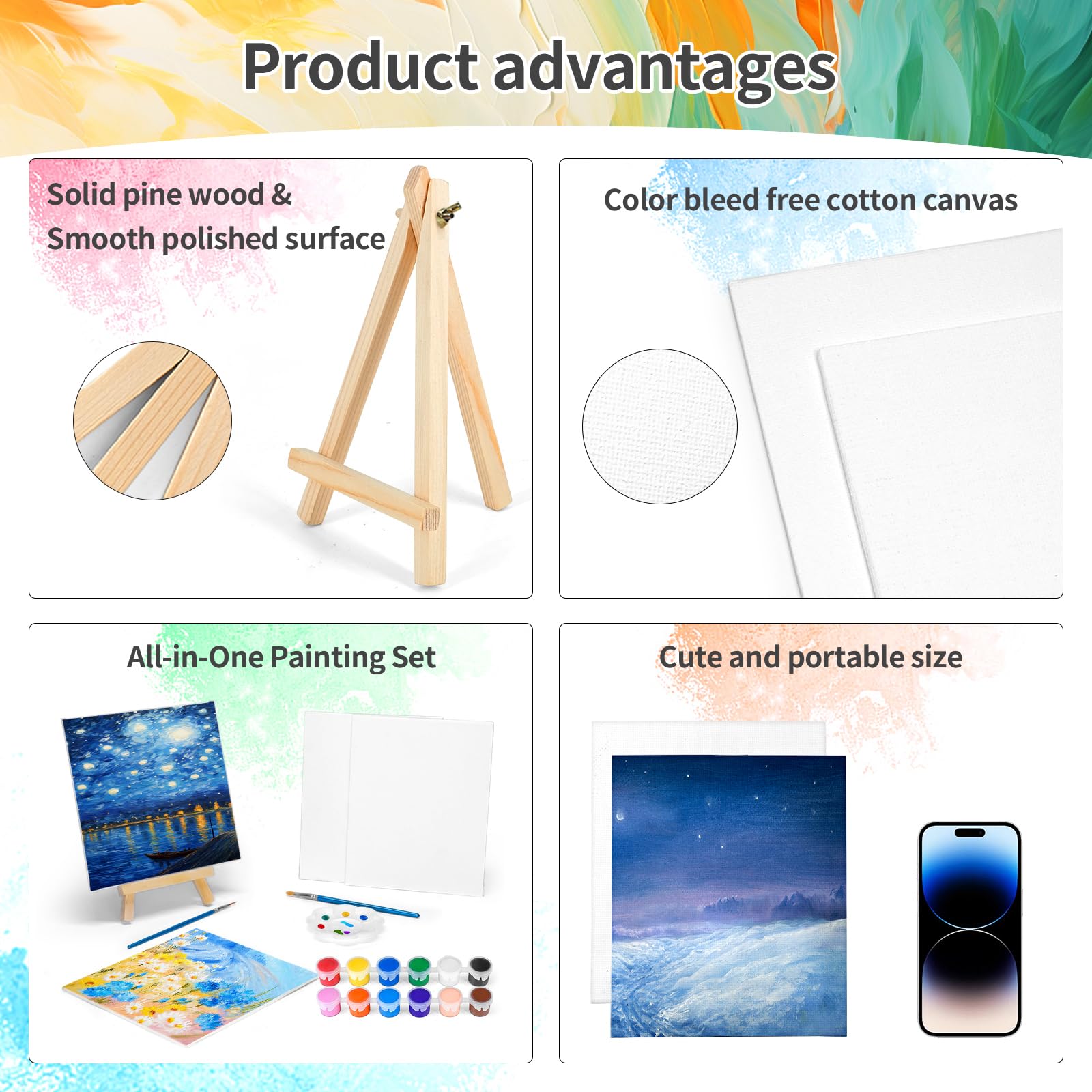 2 Pack 8 * 10In Canvas Boards for Painting, Art Canvas for Drawing with 4 Brushes & 2Paint Trays & 4 Acrylic Paint, Mini Painting Canvas with Easel Set, Painting Kits for Adults Party