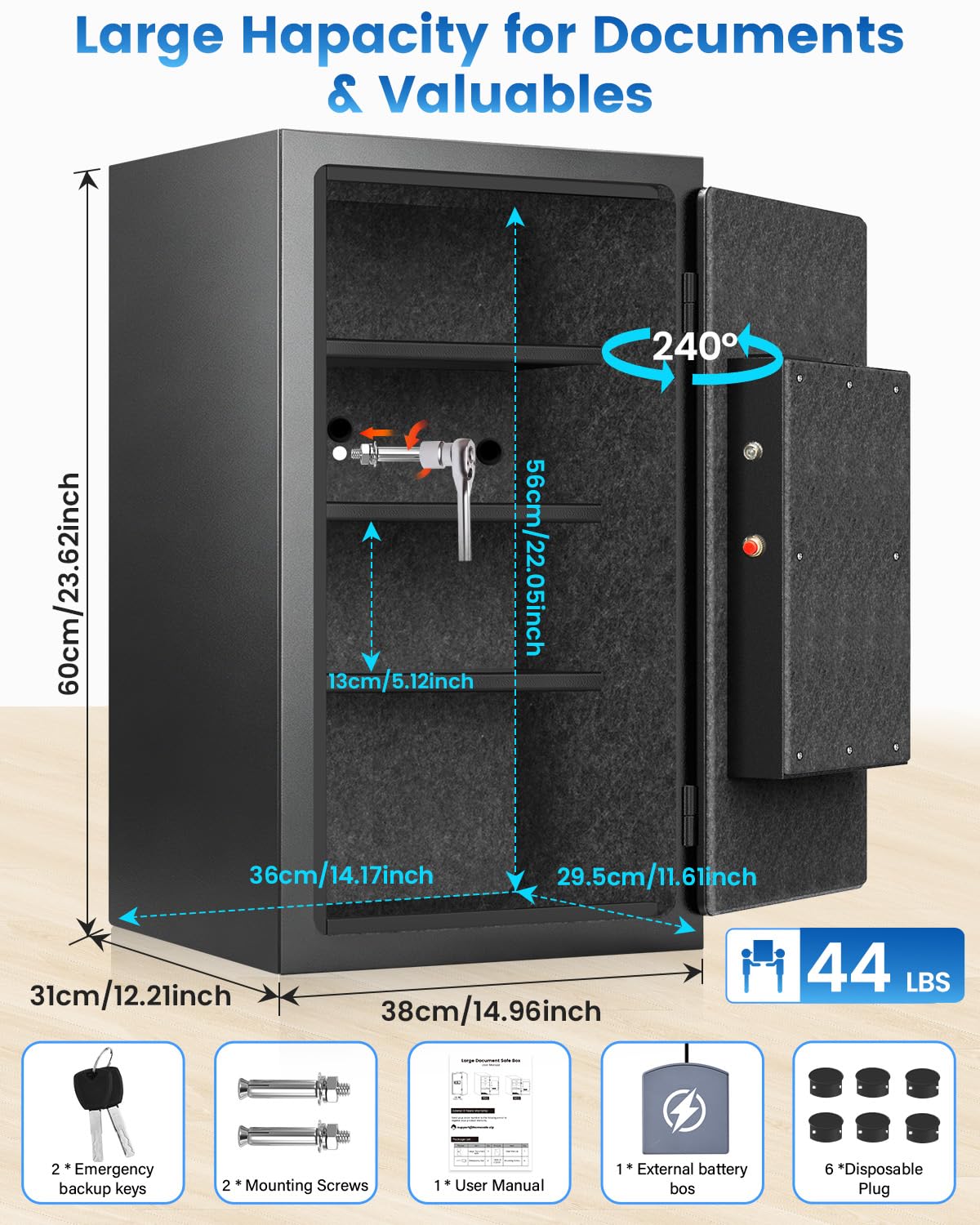 Home Safe Box, Safes with Fireproof Waterproof Bag, 9.84'' H Anti-Theft Digital Security Lock Box with Smart Alert System, Removable Shelf, Mute Function, Document Safes for Jewelry