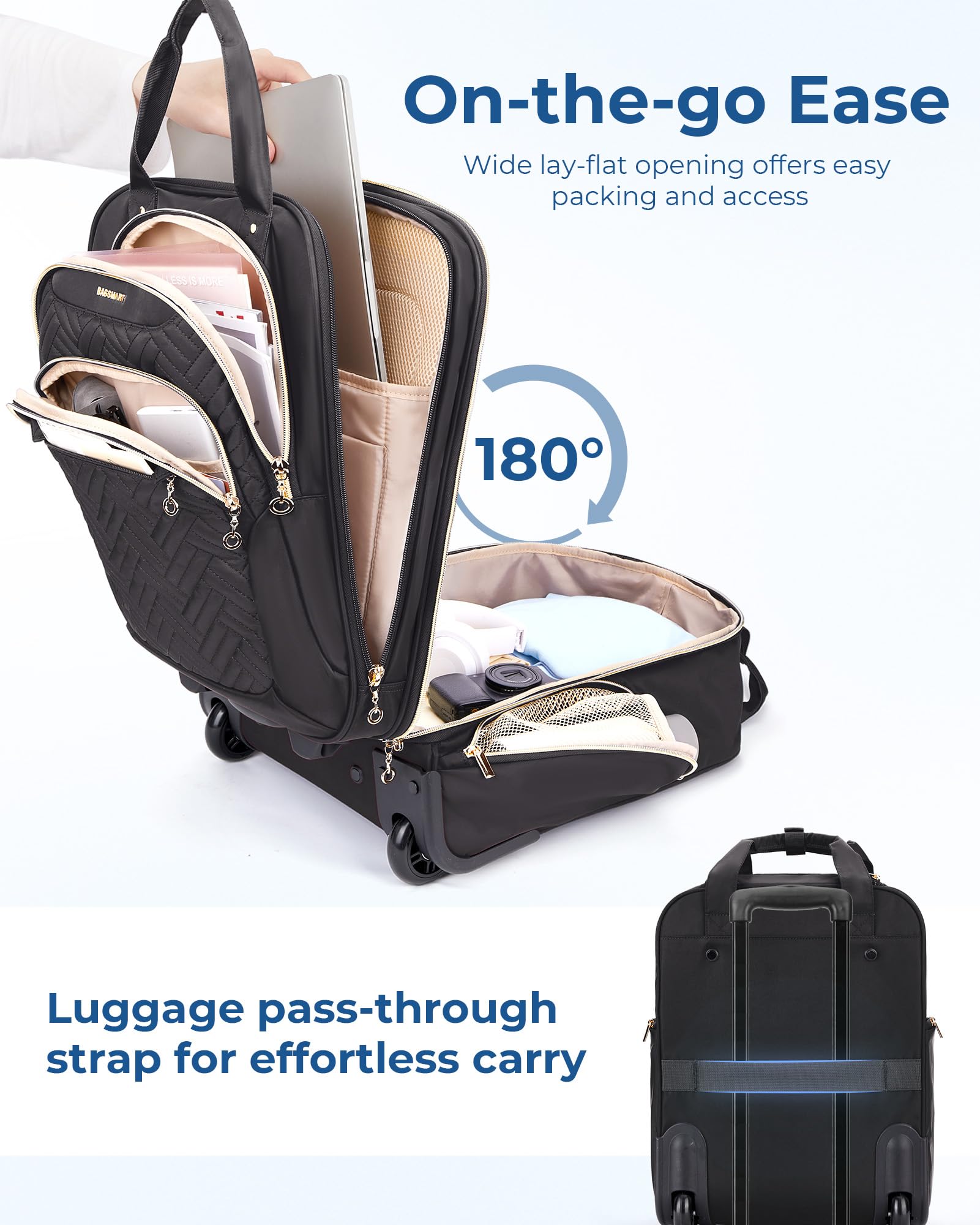 BAGSMART Underseat Carry On Luggage Airline approved,16-inch Small Underseater Softside Travel Suitcase with Wheels Lightweight Overnight Rolling Carry-on Luggage for Women Men Weekender,Black