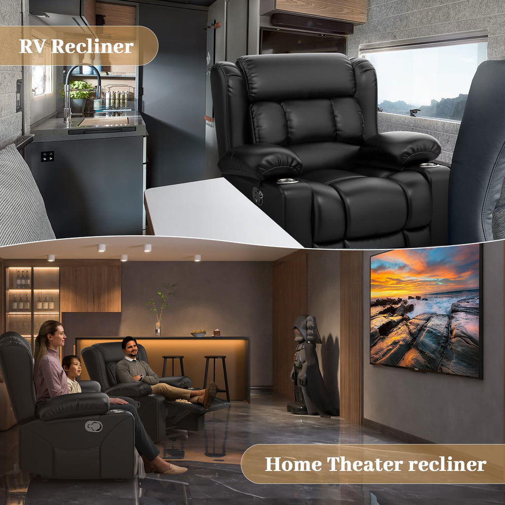 Recliner Chairs for Adults, FSC Certified Massage Reclining Chair with Heated Modern, Ergonomic Lounge Single Reclining Sofa Seat with Cup Holder & Pocket, Living Room Lounge Recliners Black