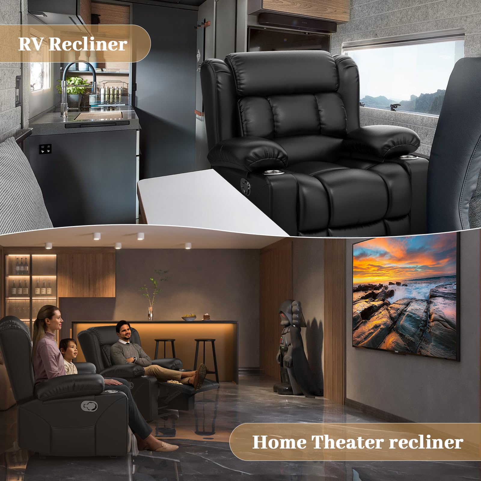 Recliner Chairs for Adults, FSC Certified Massage Reclining Chair with Heated Modern, Ergonomic Lounge Single Reclining Sofa Seat with Cup Holder & Pocket, Living Room Lounge Recliners Black