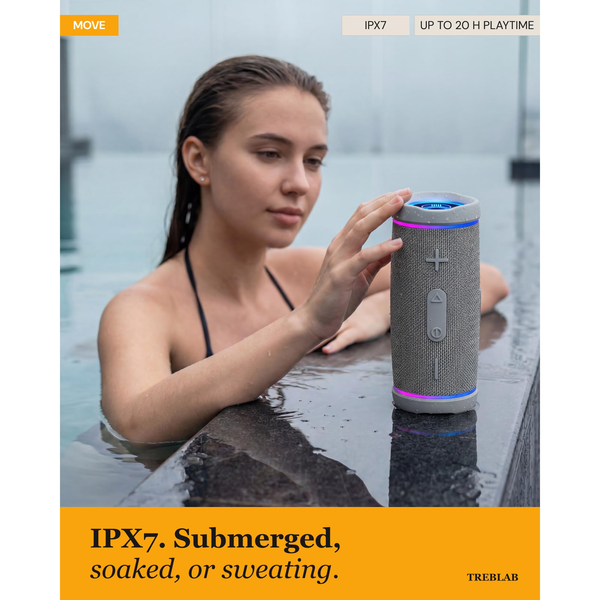 TREBLAB HD77 – Waterproof Bluetooth Speaker, 30W Loud 360° Sound, Deep Bass, IPX7, TWS Pairing, RGB Lights, 20H Battery, Portable Wireless Speaker for Outdoor, Beach, Camping, Party, Travel