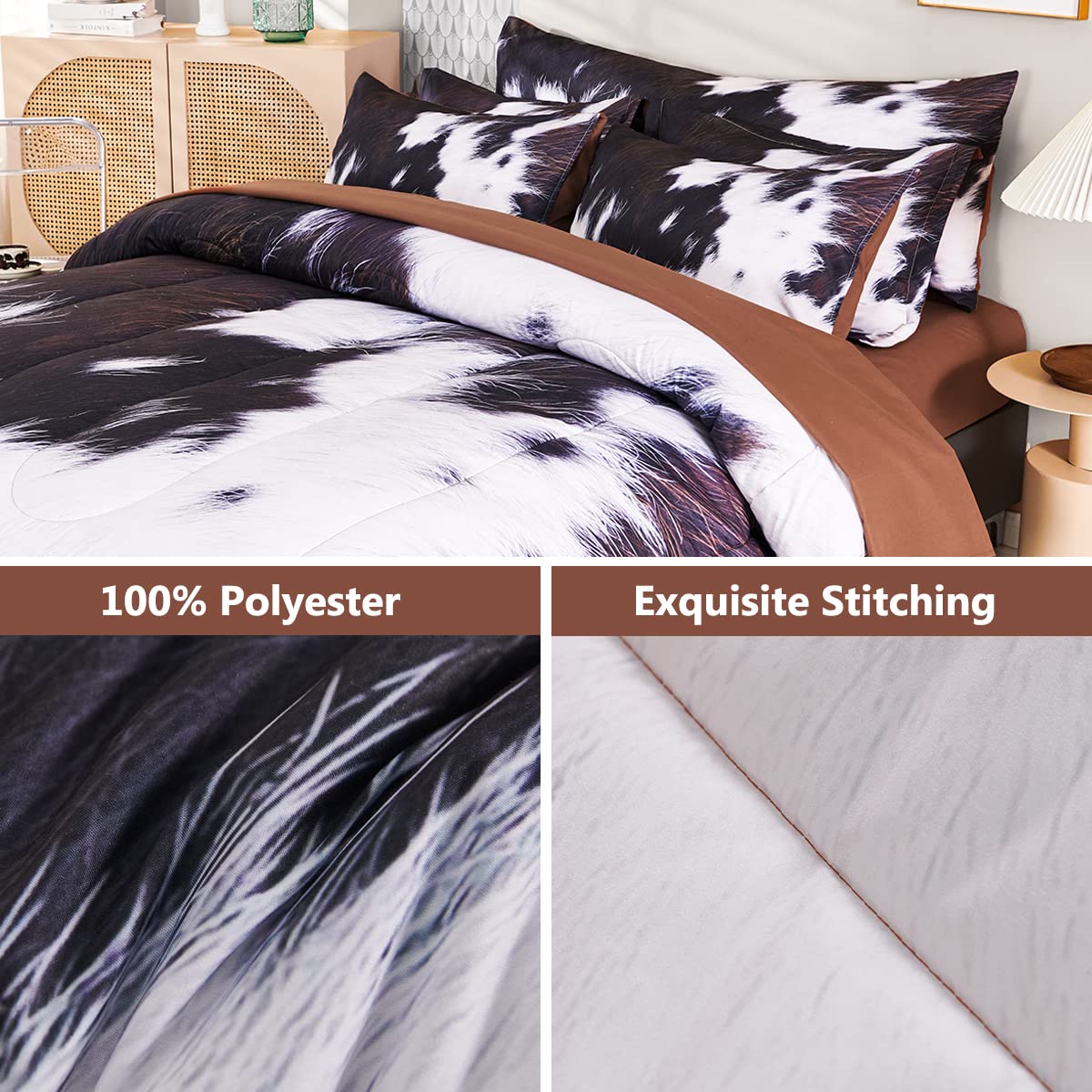 SUCSES Full Size Comforter Set with Sheets 8 Piece Cow Print Bedding Set for Boys Girls Black and White Kids Bed-in-A-Bag Farmhouse Rustic Bed Set for Bedroom (Milk Cow, Full)