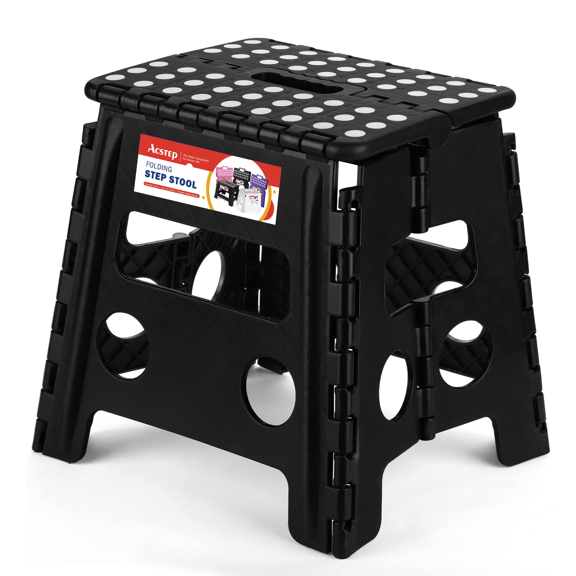 ACSTEP 9 Inch Folding Step Stool 300 LB Capacity Plastic Foldable Step Stools for Kids and Adults, Folding Stool Suitable for Kitchen, Stepping Stool with Handle Bicolor Green Small Step Stool 1PC