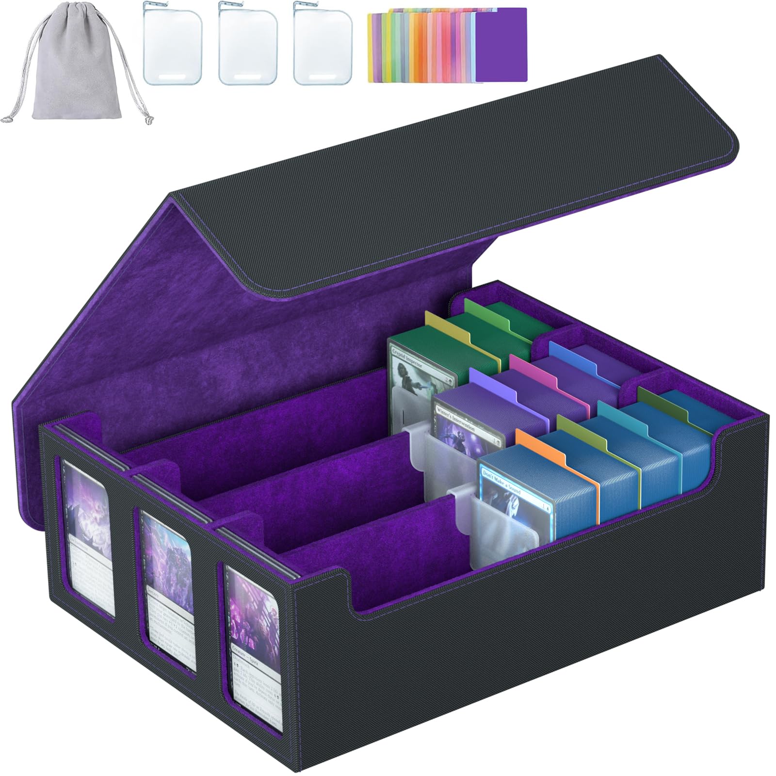 3-Row Trading Card Storage Box, Bulk Cards Case for 2400+ Mtg tcg Magic Playing Game Card Organizer, Commander Deck Box with 3 Supports & 24 Dividers