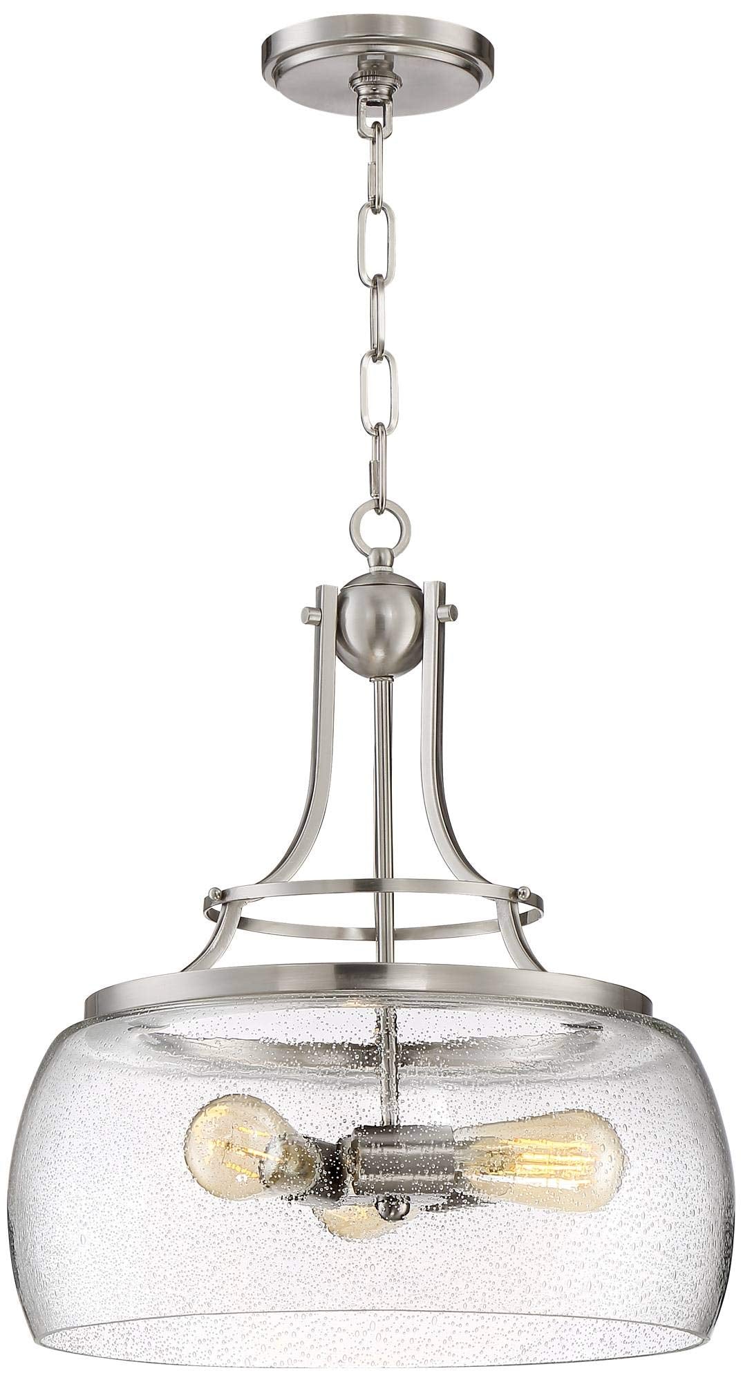 Franklin Iron Works Charleston Satin Nickel Pendant Chandelier 16" Wide Rustic Farmhouse Seeded Clear Glass LED 3-Light Fixture for Dining Room House Foyer Entryway Kitchen Bedroom Living Room