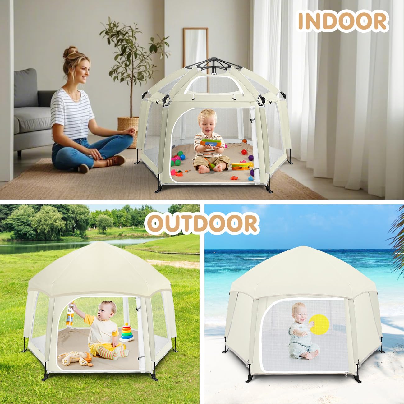 Pop Up Playpen for Baby, Portable Playpen for Babies and Toddlers with Removable Sun-Shades& 2 Side UV Covers, Lightweight Outdoor Baby Play-Pen for Beach Home with Travel Bag, Beige