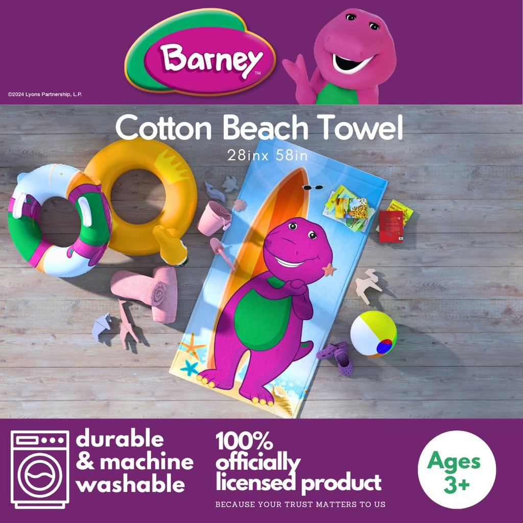 Barney Classic Kids Super Soft Cotton Bath/Pool/Beach Towel, 58 in x 28 in, (Offical Licensed Product) By Franco