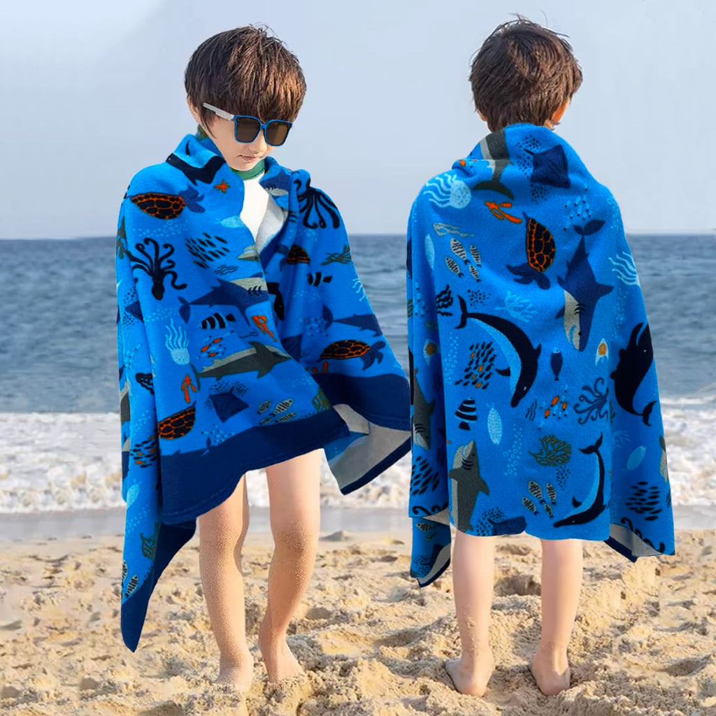 Kids Beach Towel Velour Terry Blanket Throw 100% Cotton Super Soft Absorbent 25.5X51 inches for Bath Swimming Sports Camping Holiday Picnic, Bus Coconut Parasol Lounge Audio Player.