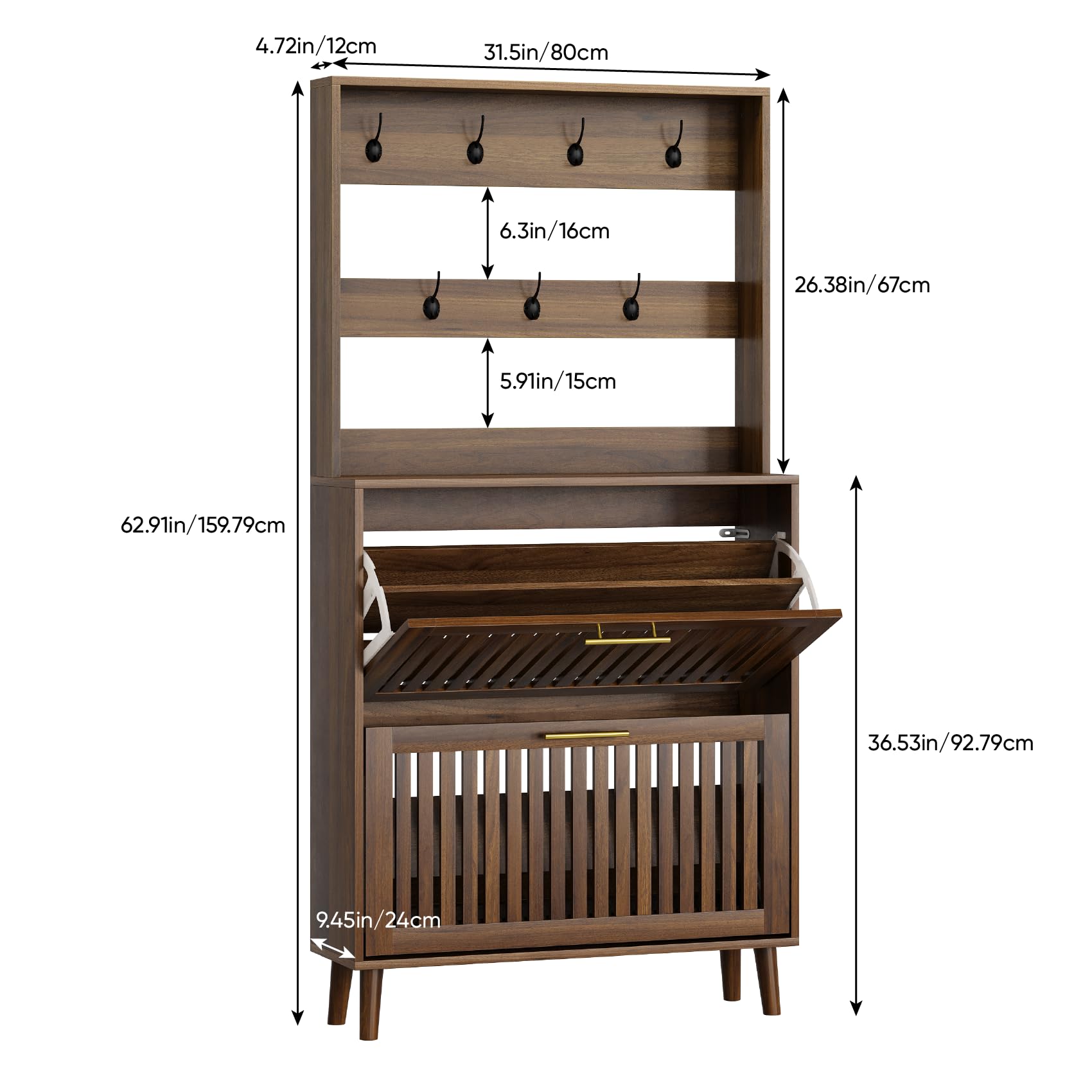 Smart FENDEE Shoe Cabinet with 2 Flip Slatted Drawers, Farmhouse Slim Shoe Organizer Rack with Golden Handles, Freestanding Hidden Entryway Storage for Hallway, Natural