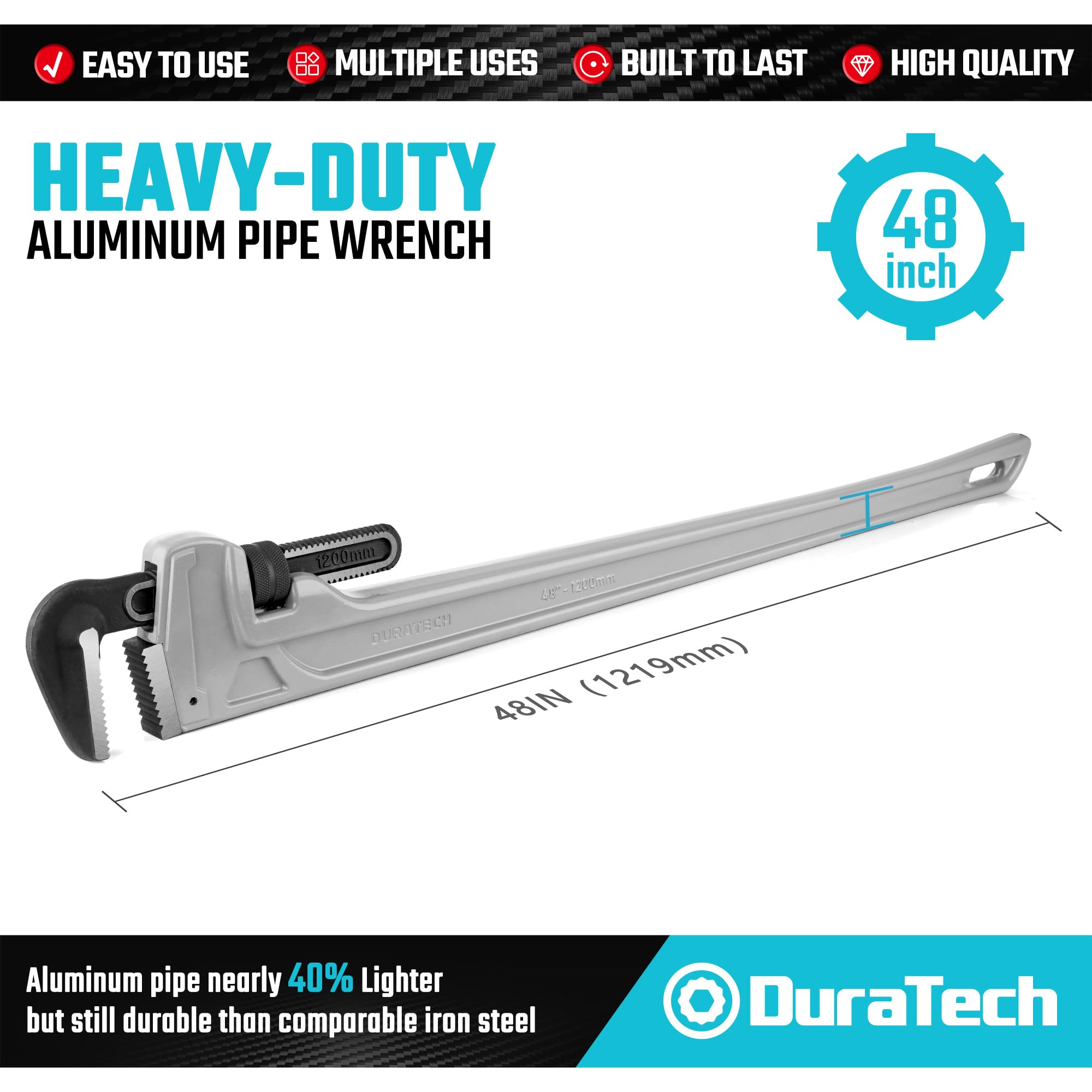 DURATECH 8-inch Heavy Duty Aluminum Straight Pipe Wrench, Adjustable Plumbing Wrench, Drop Forged, Exceed GGG standard