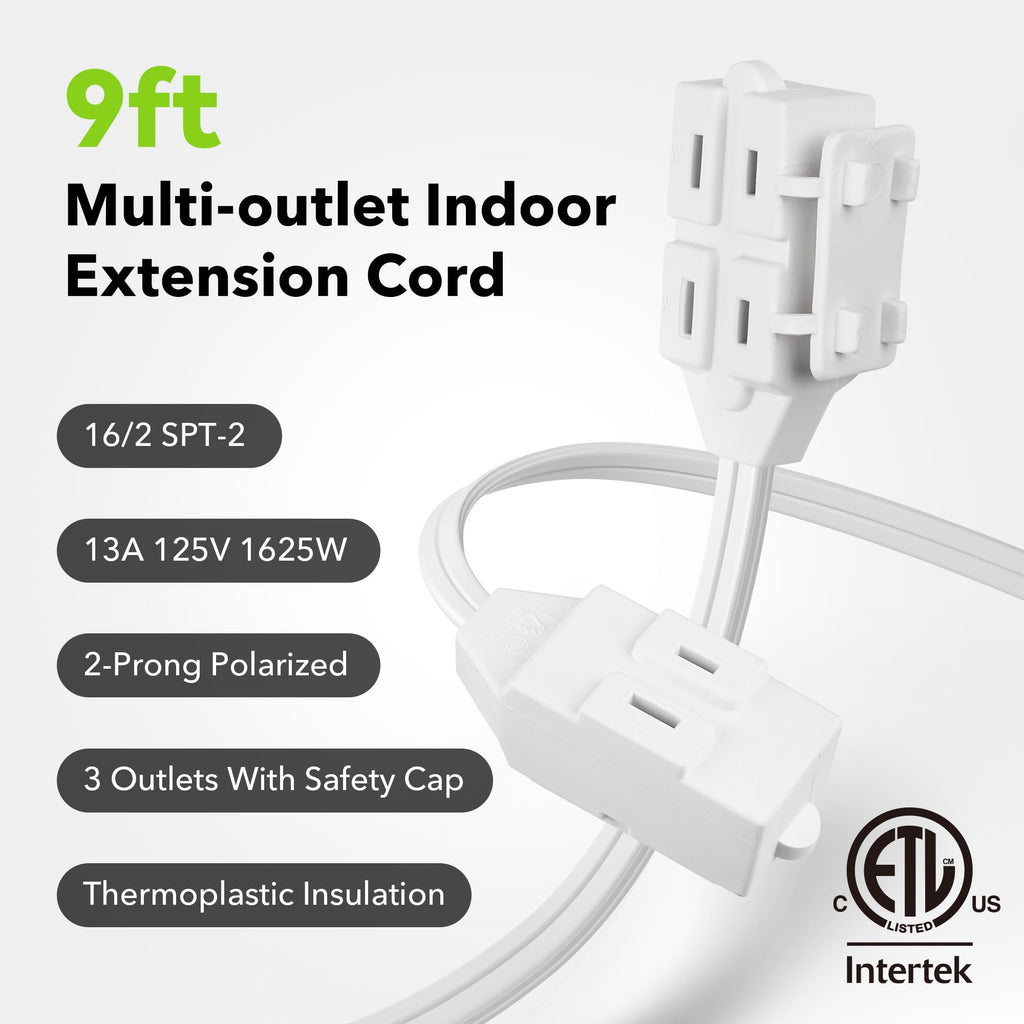 BN-LINK 6ft Indoor Extension Cord, 2 Pack, 3-Outlet Polarized Flat Cable, Household Power Cord for Home, Office, and Holiday Decorations, Black