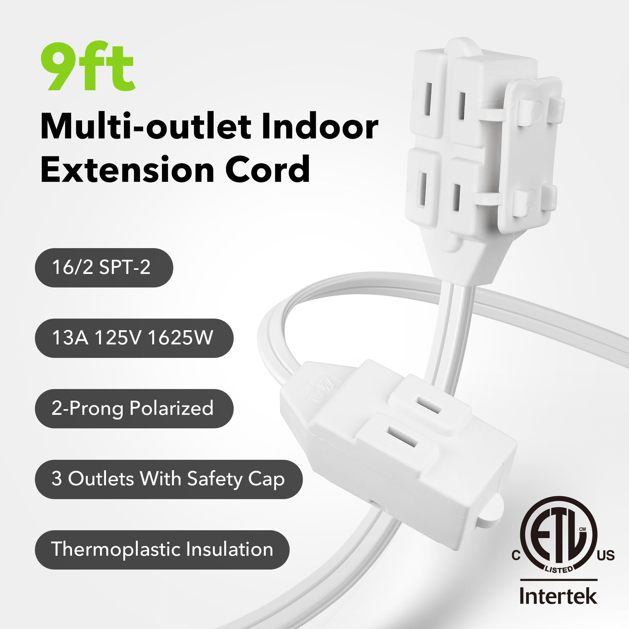 BN-LINK 6ft Indoor Extension Cord, 2 Pack, 3-Outlet Polarized Flat Cable, Household Power Cord for Home, Office, and Holiday Decorations, Black