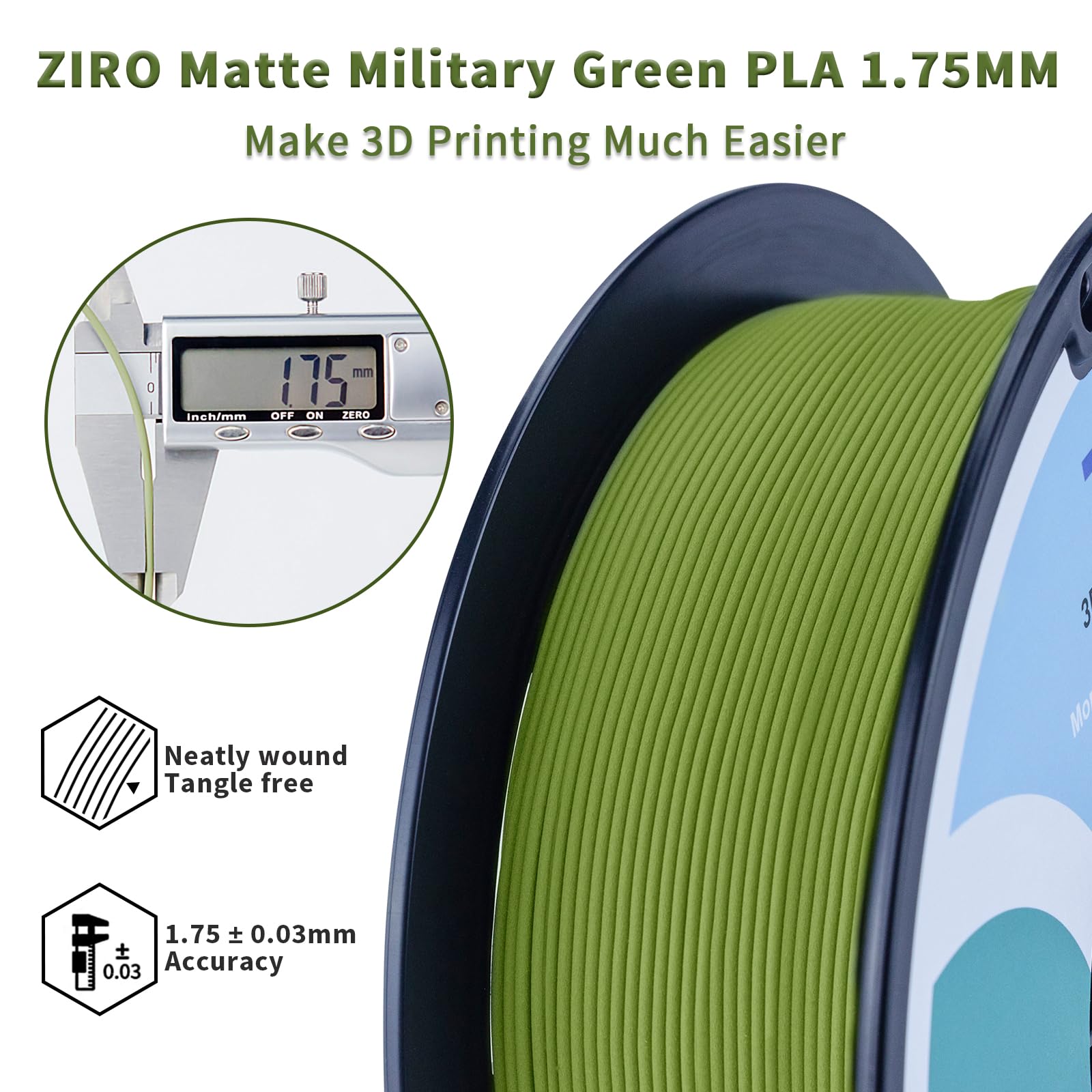 ZIRO 3D Printer Filament, PLA Filament 1.75mm, Black pla 1KG(2.2lbs), Dimensional Accuracy +/- 0.03mm, Fits Most FDM Printer AMS System,3D Printing Filament Spool Black (Plastic Reel)