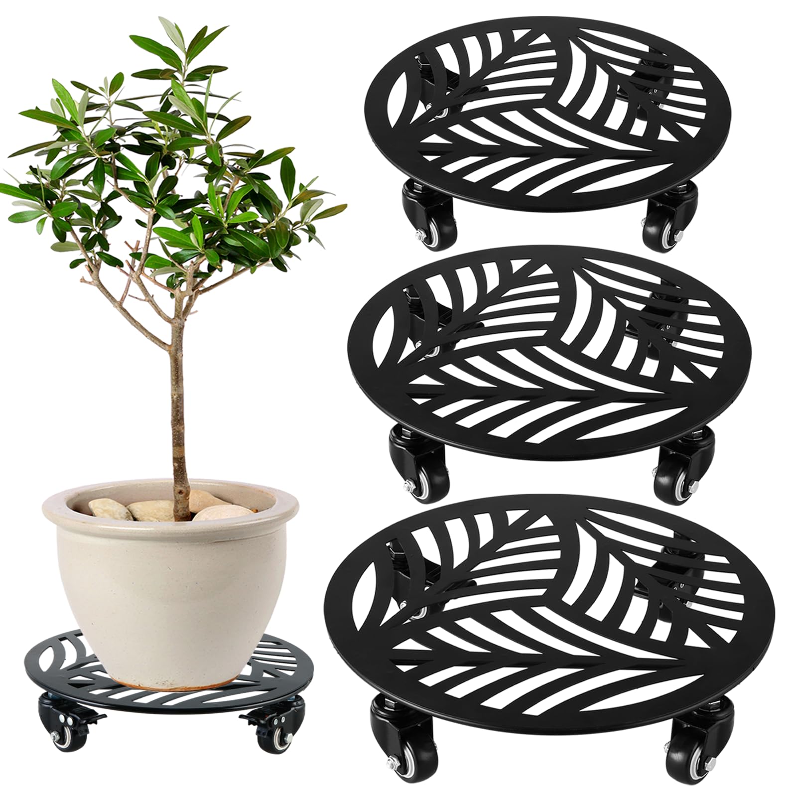 1 Pack 12 inches Large Metal Plant Caddy with 3 PU Metal Wheels Rolling Plant Stand with Casters Indoor Outdoor Wheeled Planter Roller Base Pot Movers Plant Dolly Coaster Trolley Black