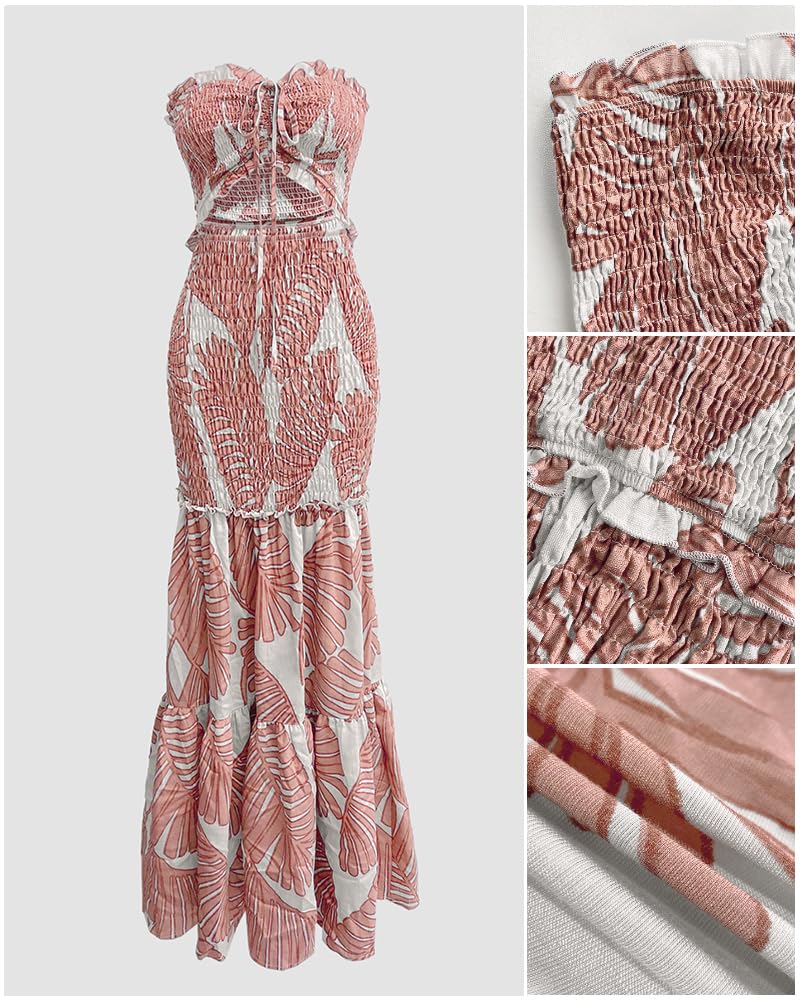 CHICME Floral Printed Vacation Dress Halter Tie Ruched Shirred Bandeau Party Dress Slim Ruffle Hem Wedding Guest Dress