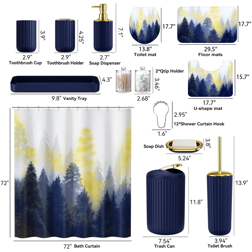 XLHOMO 24 PCS Black Bathroom Accessories Set with Shower Curtain and Rugs, Bathroom Decor Set with Trash Can, Toilet Brush, Soap Dispenser, Toothbrush Holder, Tumbler, Soap Dish and Jars