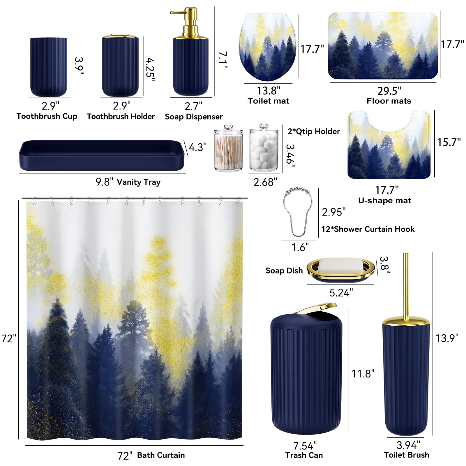 XLHOMO 24 PCS Black Bathroom Accessories Set with Shower Curtain and Rugs, Bathroom Decor Set with Trash Can, Toilet Brush, Soap Dispenser, Toothbrush Holder, Tumbler, Soap Dish and Jars