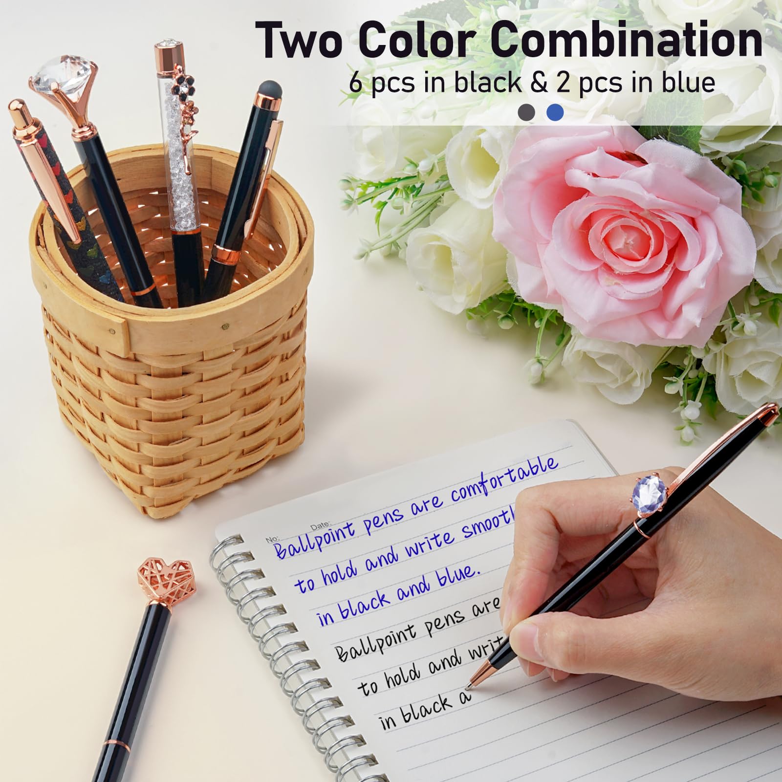 WEMATE 8Pcs Ballpoint Pens Set Metal Crystal Diamond Pen Glitter for Journaling Black Pen Bling in Black & Blue Ink Pretty Cute Pens Fancy Pens Gifts for Women Wedding School Office Desk(Black)