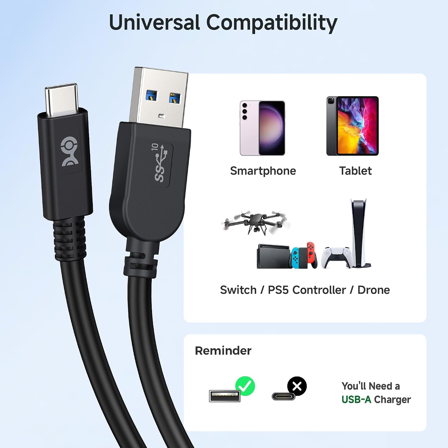 Cable Matters [USB-IF Certified] 10Gbps Gen 2 USBA to USB C Cable - 3.3 ft, USBC to USBA Cable, Black, Compatible with iPhone 16/15 Pro Max/Plus