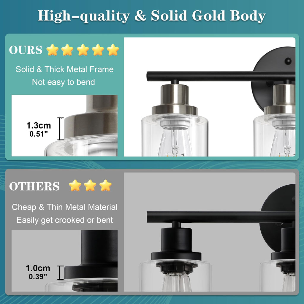 Unicozin 2 Pack Modern Bathroom Light Fixtures, 3 Light Vanity Lights, Black Wall Lamp with Clear Glass for Bathroom, Mirror, Living Room, Bedroom, Hallway, E26 Base