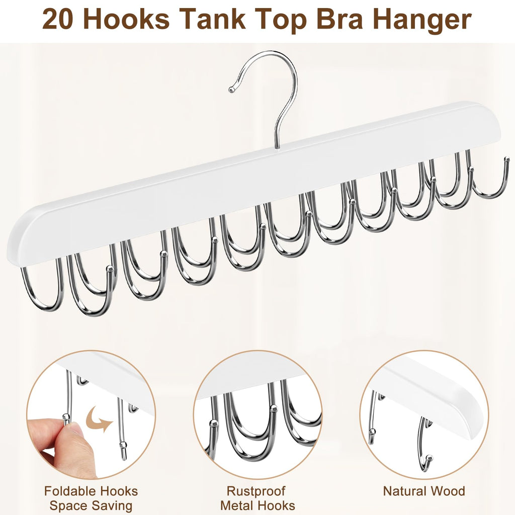 Bra Hanger for Closet, Tank Top Organizer 20 Hooks Capacity Foldable Wood Space Saving Hanger Closet Organizers and Storage for Dorm & Apartment for Tank Top, Hats, Scarf etc.
