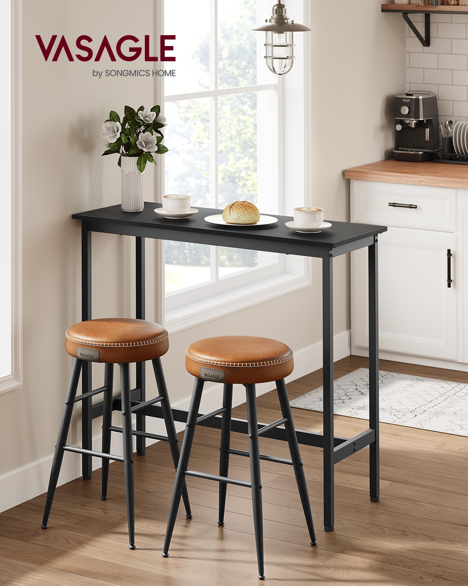 VASAGLE Bar Table, Kitchen Dining Table, High Top Pub Table, Bar Height Cocktail Table for Living Room Party, Sturdy Metal, 15.7 x 39.4 x 35.4 Inches for Narrow Spaces, Ebony Black and Ink Black