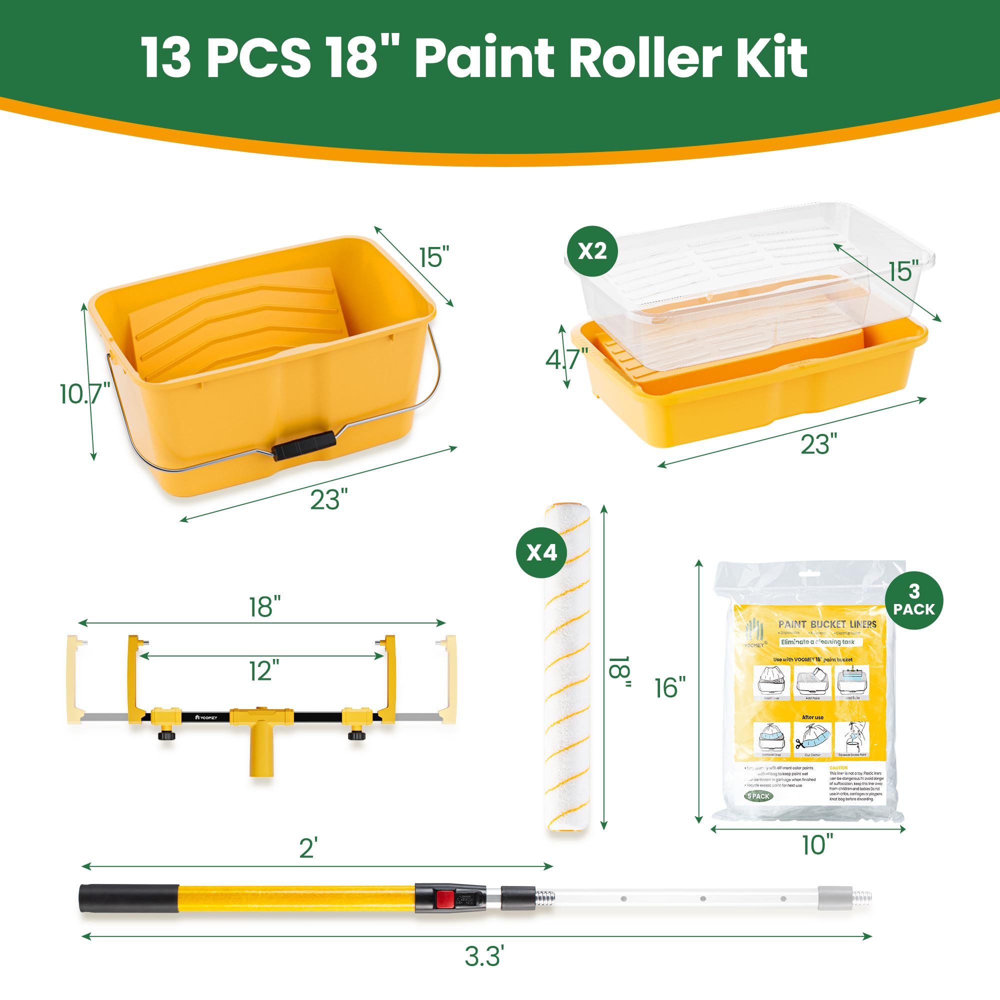 VOOMEY 18 Inch Paint Tray Liner, Plastic Paint Bucket Inner Liner Bags for Paint Roller Kit, 5pcs,Disposable for Quick Cleanup