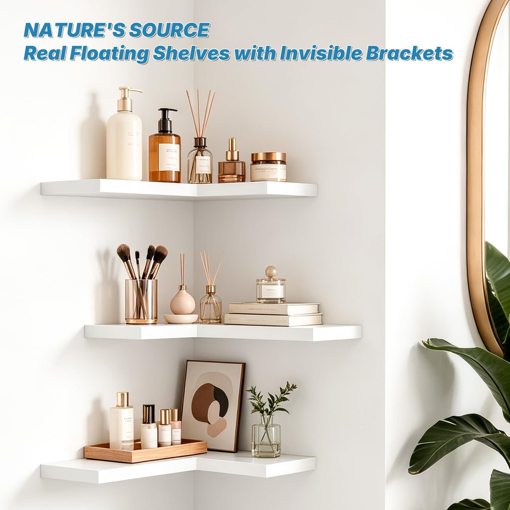 NATURE'S SOURCE Corner Floating Shelves with Invisible Brackets, Corner Shelves Wall Mounted Set of 3, Bedroom Bathroom Kitchen Living Room Office- Gothic Style 16.6" x 6" (Black)